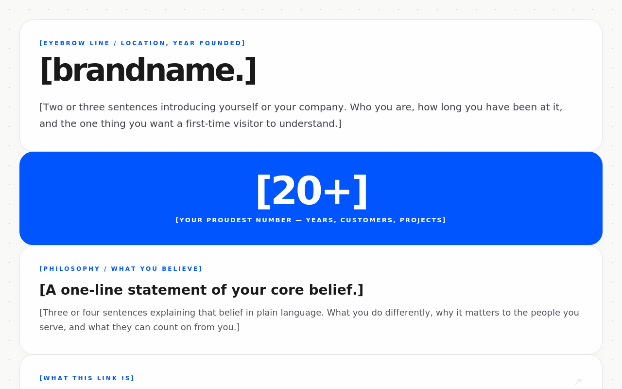 Screenshot of the Brand Hub template: modern bento-grid layout with linked project cards