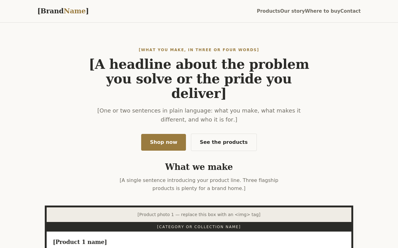 Screenshot of the Product Brand template: gallery-style page with framed product cards